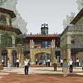 Charming European Style Commercial Street With People Walking Trees And Flower Planter