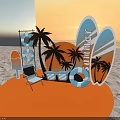 Summer Beach Photo Check-in Spot With Surfboards Palm Trees And Sunset View