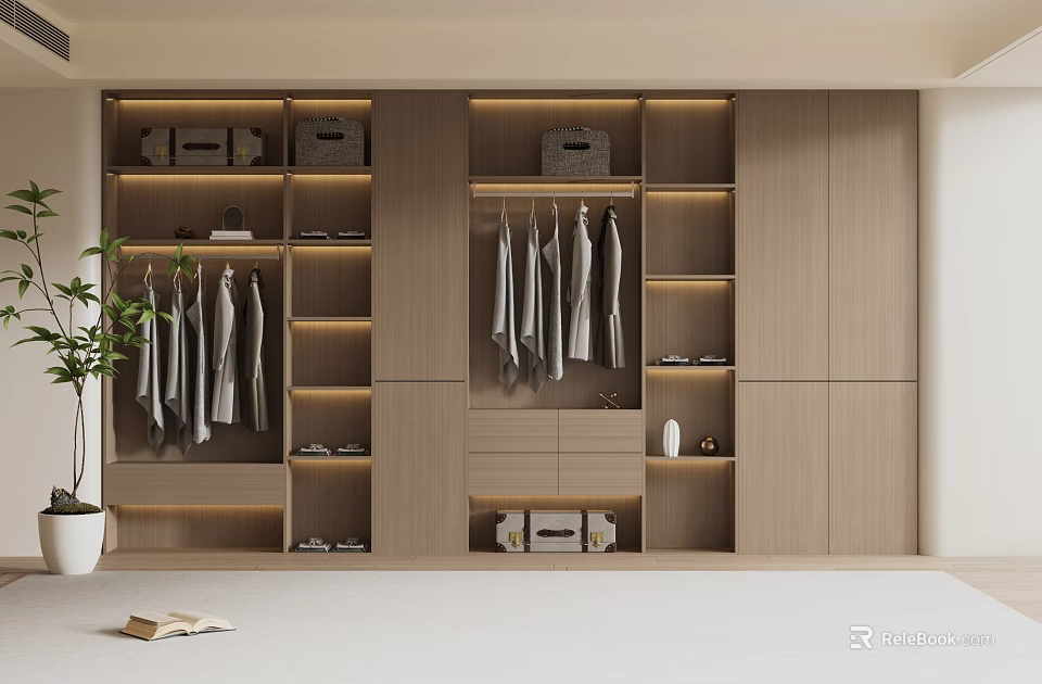 Modern Wardrobe Interior Design With Wooden Shelves Hanging Space And Storage Boxes 3d model 