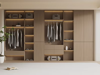 Modern Wardrobe Interior Design With Wooden Shelves Hanging Space And Storage Boxes 3d model