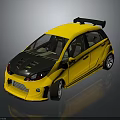 Yellow Sporty Modified Car With Black Hood Rear Spoiler And Racing Wheels