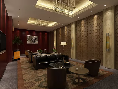 Luxury Clubhouse Interior With Geometric Patterned Walls Chandeliers Leather Sofas And Coffee Tables 3d model