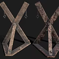 Old Vintage Industrial Equipment Featuring Crossed Wooden Structures Metal Chains Clasps And Rusted Worn Surface