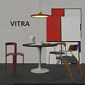 Modern Round Table And Red Wooden Chairs With Geometric Painting Pendant Light And VITRA Sign