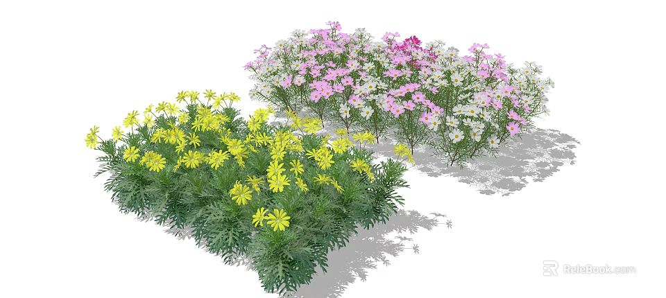 Beautiful Garden Flowers With Yellow Daisies Pink Blooms White Flowers And Green Leaves 3d model 