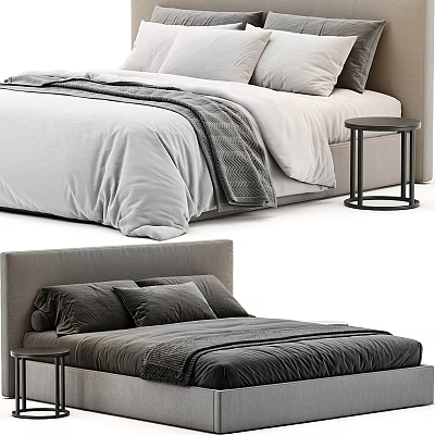 Modern Double Bed With Soft Bedding Grey Blanket And Black Nightstand 3d model