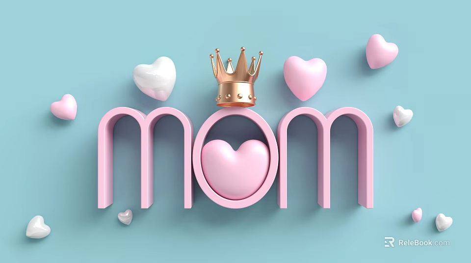 Pink Mom Letter Landscape Sculpture With Golden Crown And Heart Decorations On Light Blue Background 3d model 