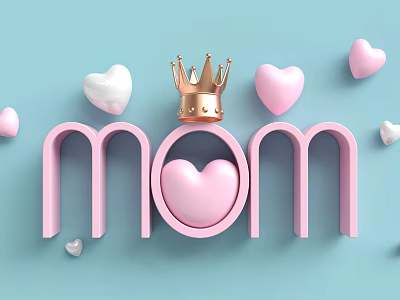 Pink Mom Letter Landscape Sculpture With Golden Crown And Heart Decorations On Light Blue Background 3d model