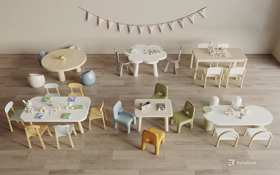 Children's Tables with Colorful Matching Chairs in Kids' Playroom with Decorative Bunting Flags 3d model 