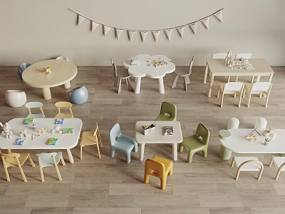 Children's Tables with Colorful Matching Chairs in Kids' Playroom with Decorative Bunting Flags 3d model