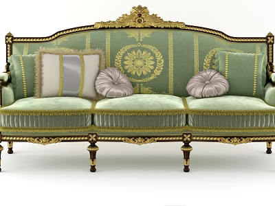 Elegant Green Multi Seater Sofa With Golden Trim And Ornate Floral Pattern 3d model