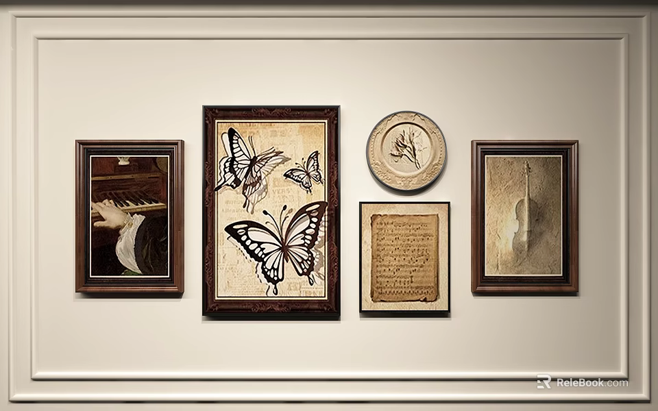 Photo Wall With Wooden Framed Butterfly Art Violin Print Manuscript And Circular Plate 3d model 
