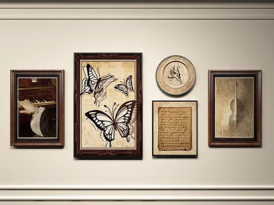 Photo Wall With Wooden Framed Butterfly Art Violin Print Manuscript And Circular Plate 3d model