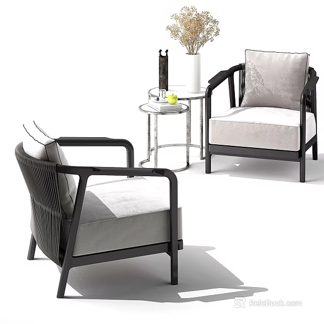 Casual Sofa Set with Black Frame Light Cushions Side Table and Decorative Items 3d model