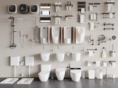 Complete Bathroom Fixture Set With Toilets Sinks Shower Systems And Storage Racks 3d model