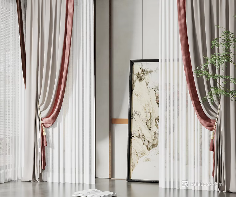Elegant Modern White And Burgundy Curtain Design With Sheer Layers And Decorative Painting 3d model 
