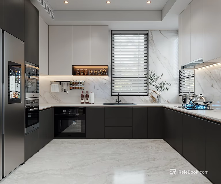 Modern Kitchen With Dark Light Cabinets Marble Backsplash Refrigerator Oven Sink Plants And Window Blinds 3d model 