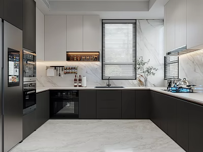 Modern Kitchen With Dark Light Cabinets Marble Backsplash Refrigerator Oven Sink Plants And Window Blinds 3d model