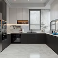 Modern Kitchen With Dark Light Cabinets Marble Backsplash Refrigerator Oven Sink Plants And Window Blinds