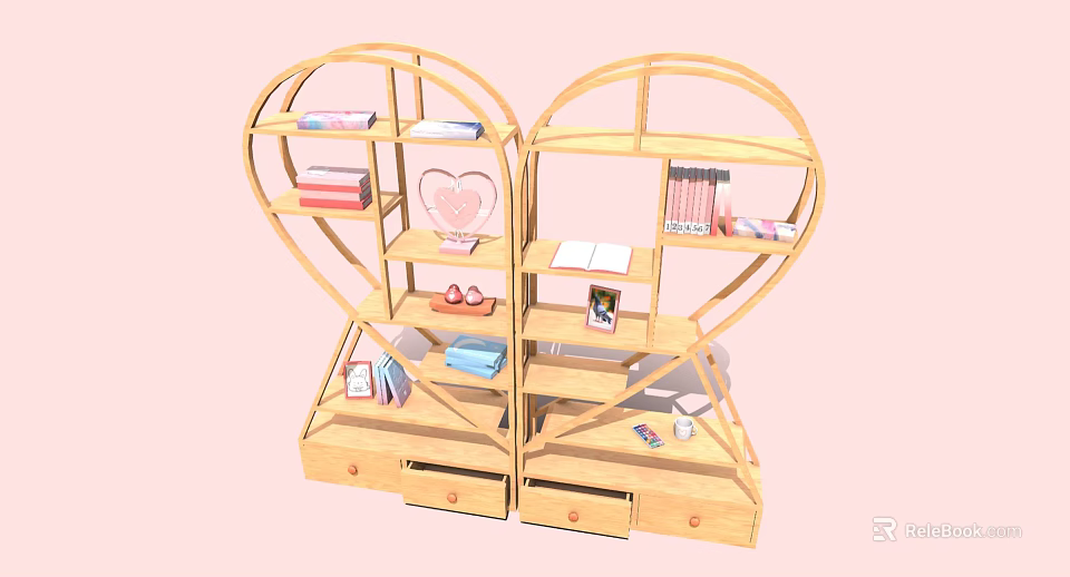 Heart Shaped Wooden Bookshelf With Multiple Shelves Drawers And Decorative Books 3d model 