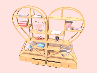 Heart Shaped Wooden Bookshelf With Multiple Shelves Drawers And Decorative Books 3d model