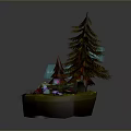 Pine And Brown Trees In Miniature Landscape With Grass Stones Colorful Mushrooms And Glowing Elements