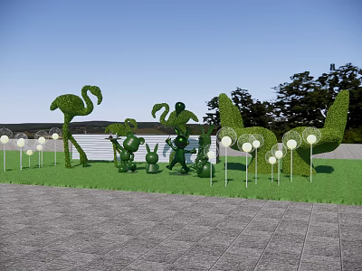 Shaped Bushes With Decorative Lights In Outdoor Lawn And Paved Landscape Design 3d model