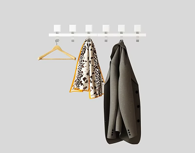 White Wall Mounted Hooks With Wooden Hanger Scarf And Gray Coat 3d model