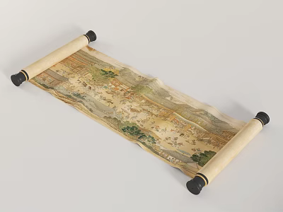 Unfolded Traditional Chinese Scroll Painting With Detailed Landscape And Human Figures 3d model