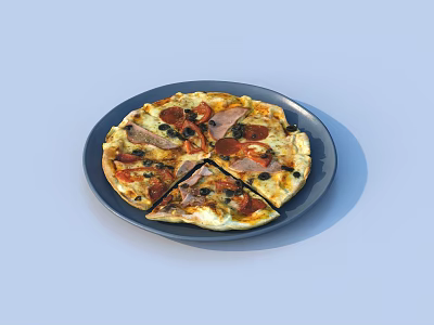 Sliced Pizza On Blue Plate With Meat And Vegetable Toppings 3d model