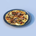 Sliced Pizza On Blue Plate With Meat And Vegetable Toppings