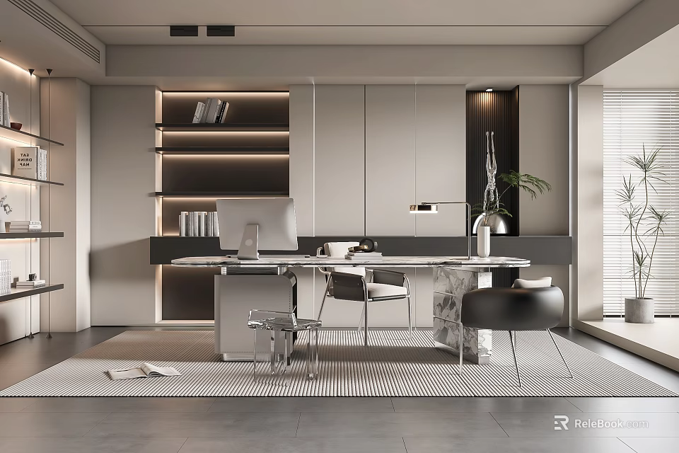 Modern Home Office Interior With Study Desk Bookshelves Computer Chair And Rug 3d model 