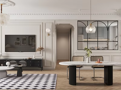 Modern Living and Dining Room with White Paneled Walls Chandelier Round Table and Checkered Rug 3d model