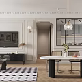 Modern Living and Dining Room with White Paneled Walls Chandelier Round Table and Checkered Rug
