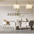 Modern Restaurant Interior With Dining Table Chairs Pendant Lights And Decorative Plant