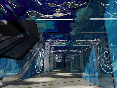 Modern Staircase Display With Blue Ceiling White Fish Patterns Glass Walls And Circular Curves 3d model
