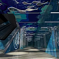 Modern Staircase Display With Blue Ceiling White Fish Patterns Glass Walls And Circular Curves 3d model