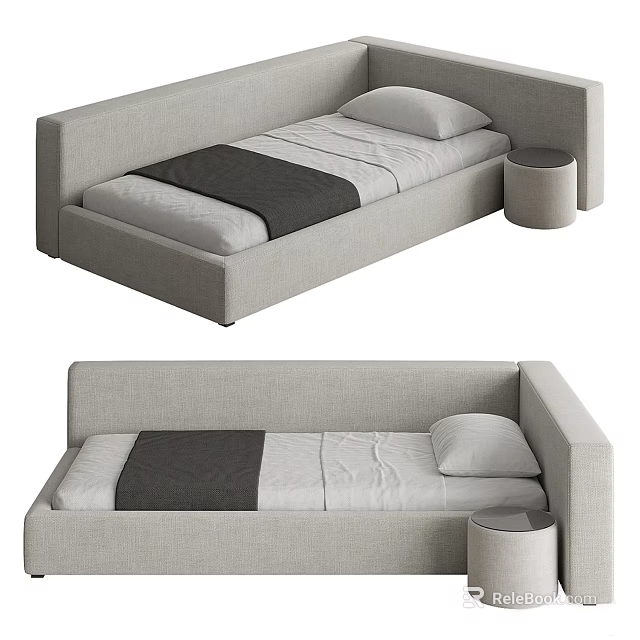 Modern Minimalist Kids Bed With Gray Linen Fabric Rounded Edges And Side Round Stool 3d model 