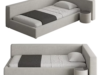 Modern Minimalist Kids Bed With Gray Linen Fabric Rounded Edges And Side Round Stool 3d model