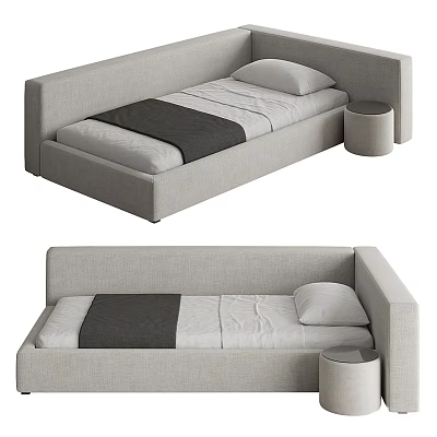 Modern Minimalist Kids Bed With Gray Linen Fabric Rounded Edges And Side Round Stool 3d model