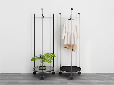 Modern Clothes Rack With Wheels Hanging Clothes And Green Plant For Home Use 3d model