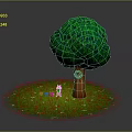 Green Leafy Tree With Brown Trunk And Lush Green Grass With Small Mushrooms