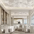 Modern Banquet Hall With White Tablecloths Chandeliers Floor to Ceiling Windows and Decorations