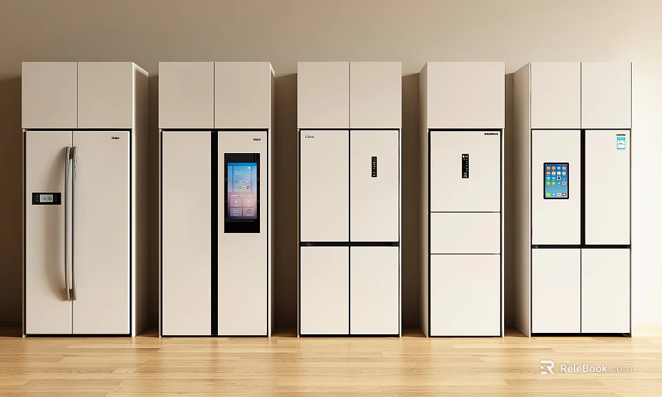 Modern White Refrigerators With Various Door Designs And Digital Screens In Kitchen Display Arrangement 3d model 