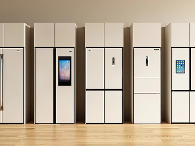 Modern White Refrigerators With Various Door Designs And Digital Screens In Kitchen Display Arrangement 3d model