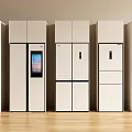 Modern White Refrigerators With Various Door Designs And Digital Screens In Kitchen Display Arrangement