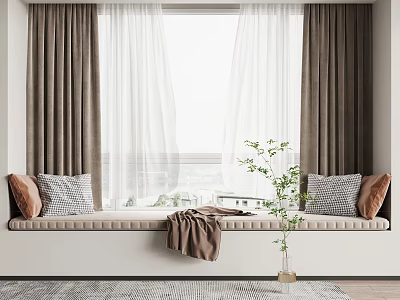 Cozy Bay Window Seat With Brown White Curtains Cushioned Pillows Green Plant Vase Rug 3d model