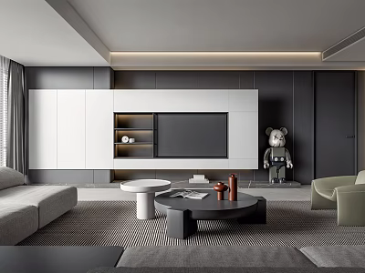 Modern Living Room Interior With Gray Sofa White TV Cabinet And Black Coffee Table 3d model