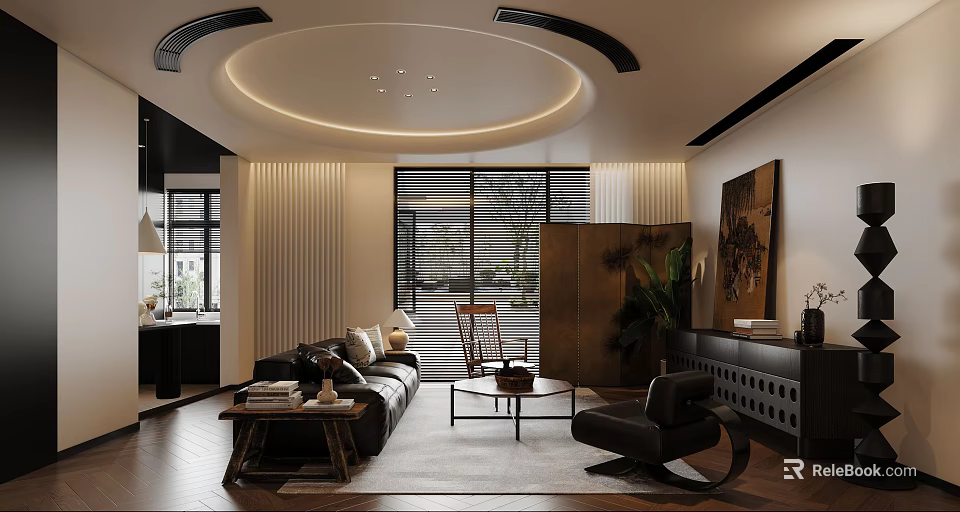 Modern Living Room Interior With Circular Ceiling Design Shutter Windows Black Sofa And Green Plant 3d model 