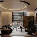 Modern Living Room Interior With Circular Ceiling Design Shutter Windows Black Sofa And Green Plant